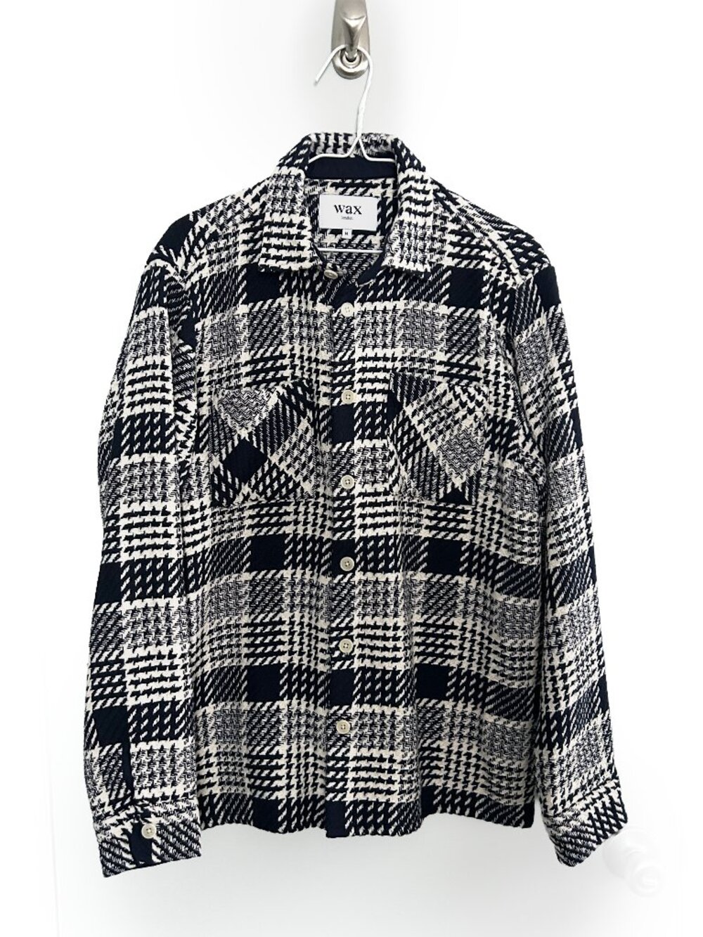 Wax London Whiting Glitch Check Overshirt Shacket Navy Cream Men's M Cotton